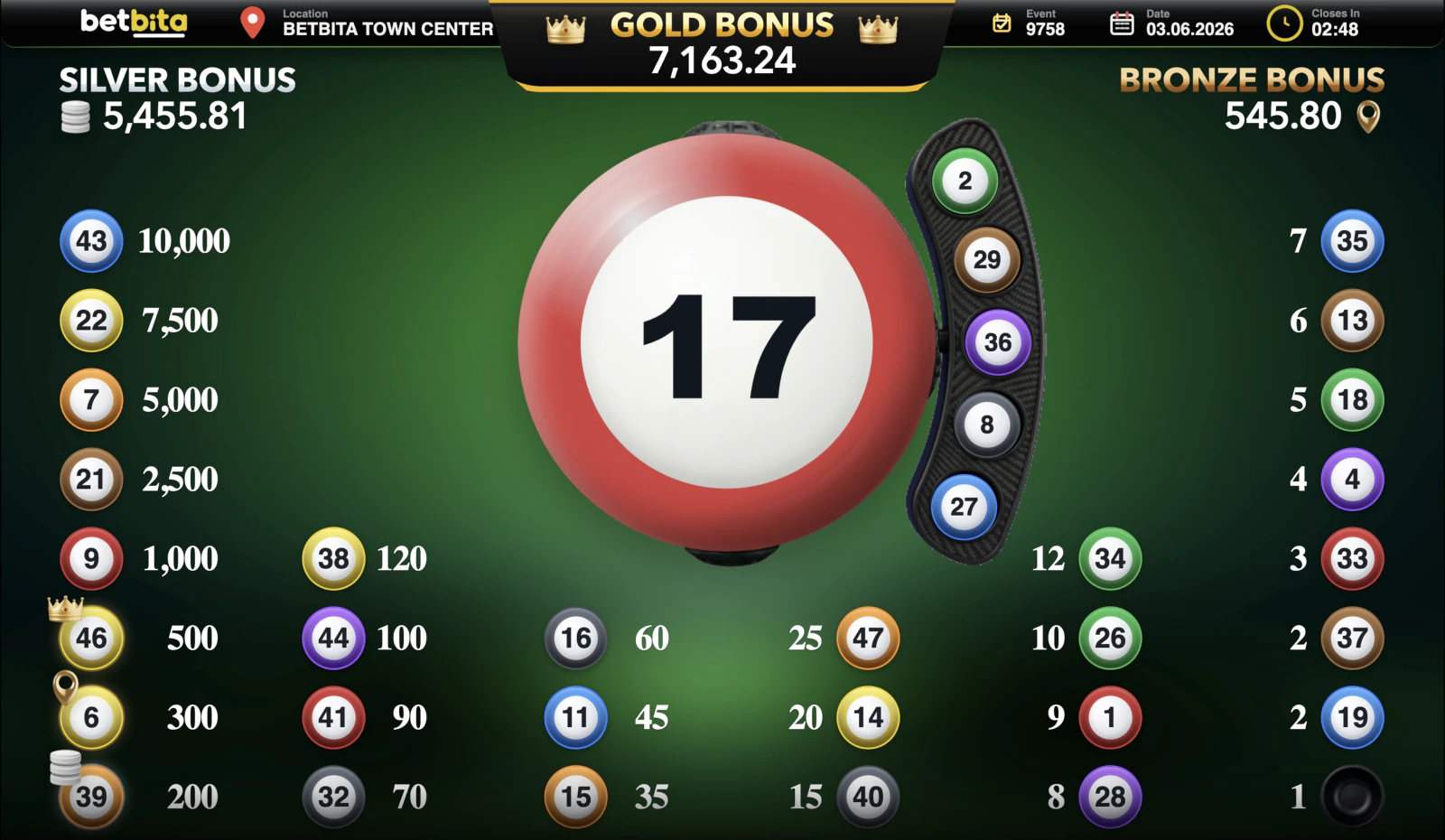 Betbita live lottery game interface with gold, silver and bronze bonuses