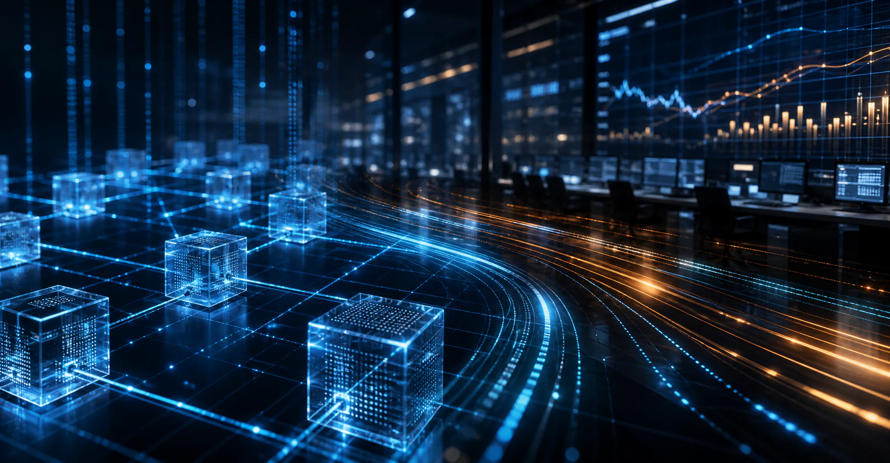 Distributed blockchain network flowing into institutional trading systems
