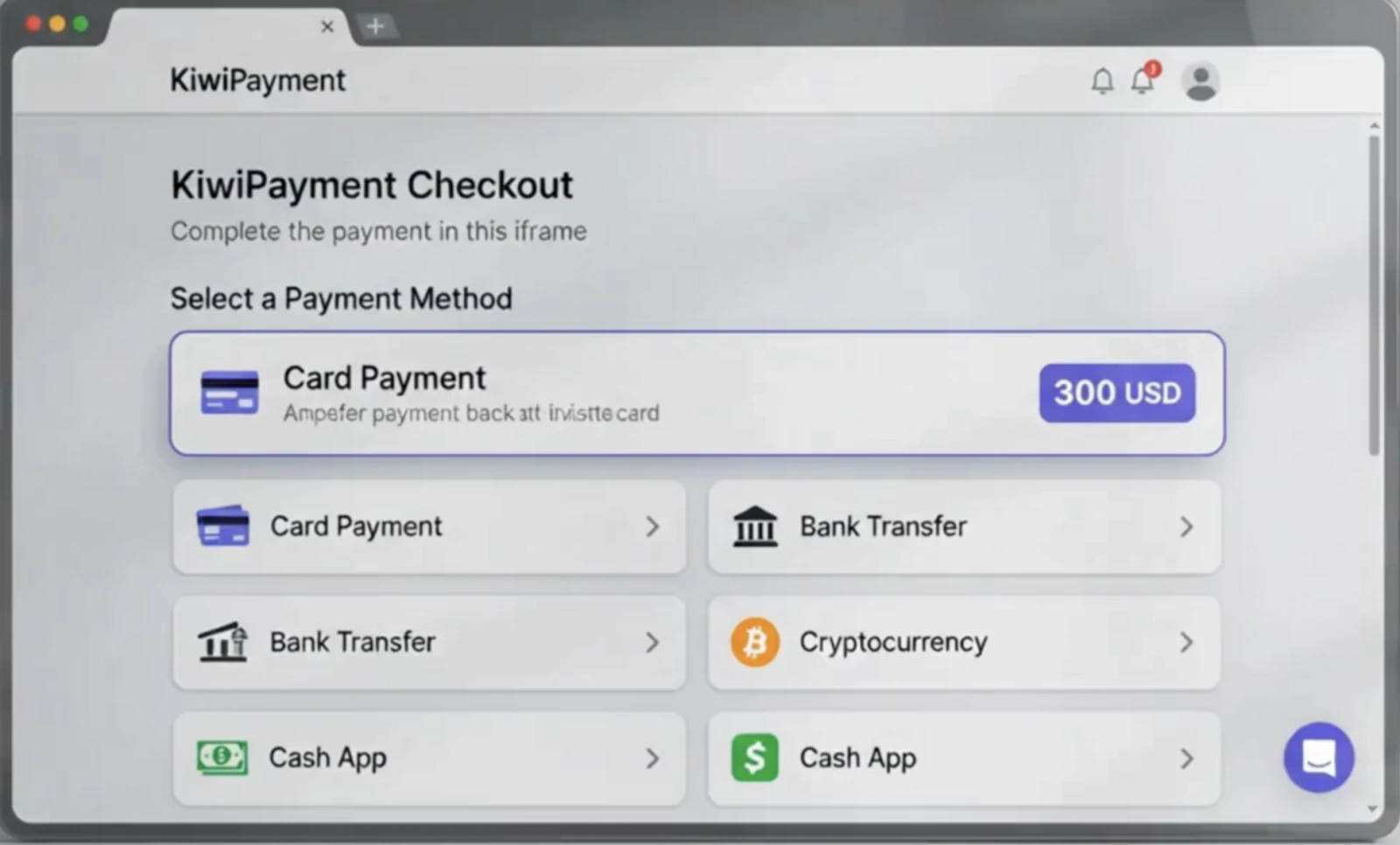 KiwiPayment checkout showing card, bank transfer, cryptocurrency and Cash App payment methods