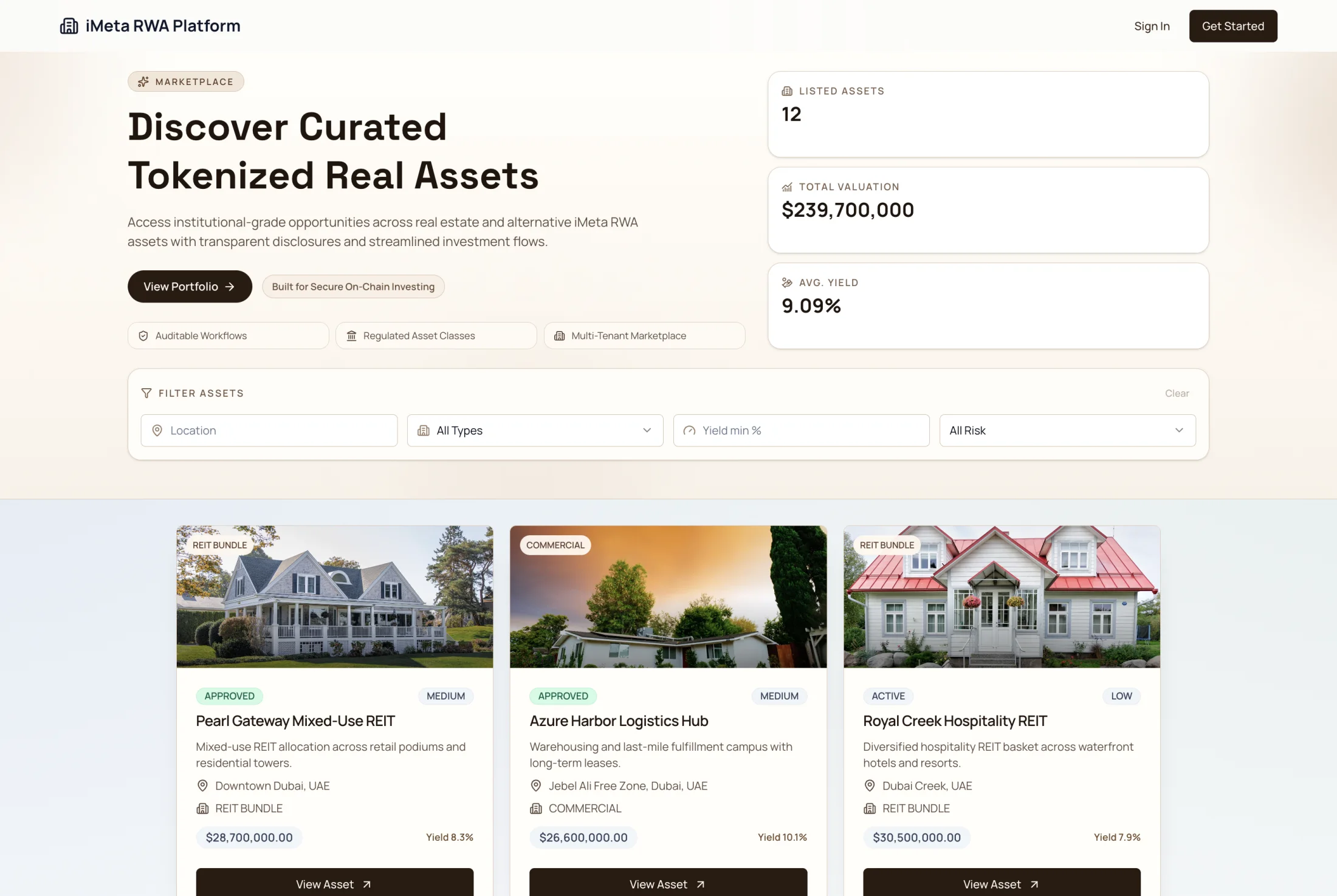 iMeta RWA tokenized real-assets marketplace interface