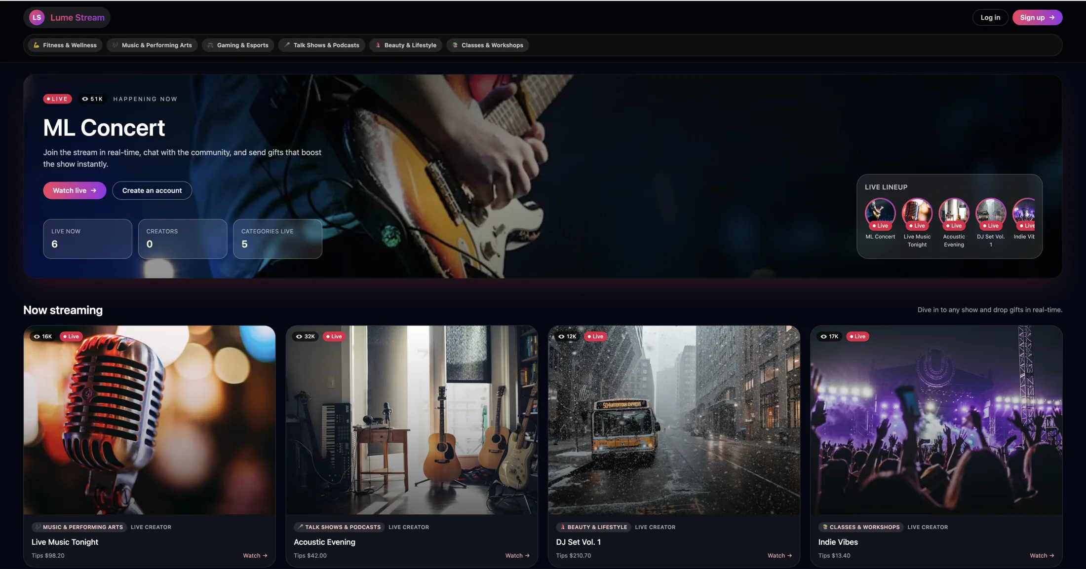 LumeStream live streaming platform interface