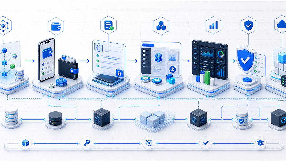 Blockchain development workflow from architecture and wallet planning through smart contracts dApp interfaces monitoring and security support