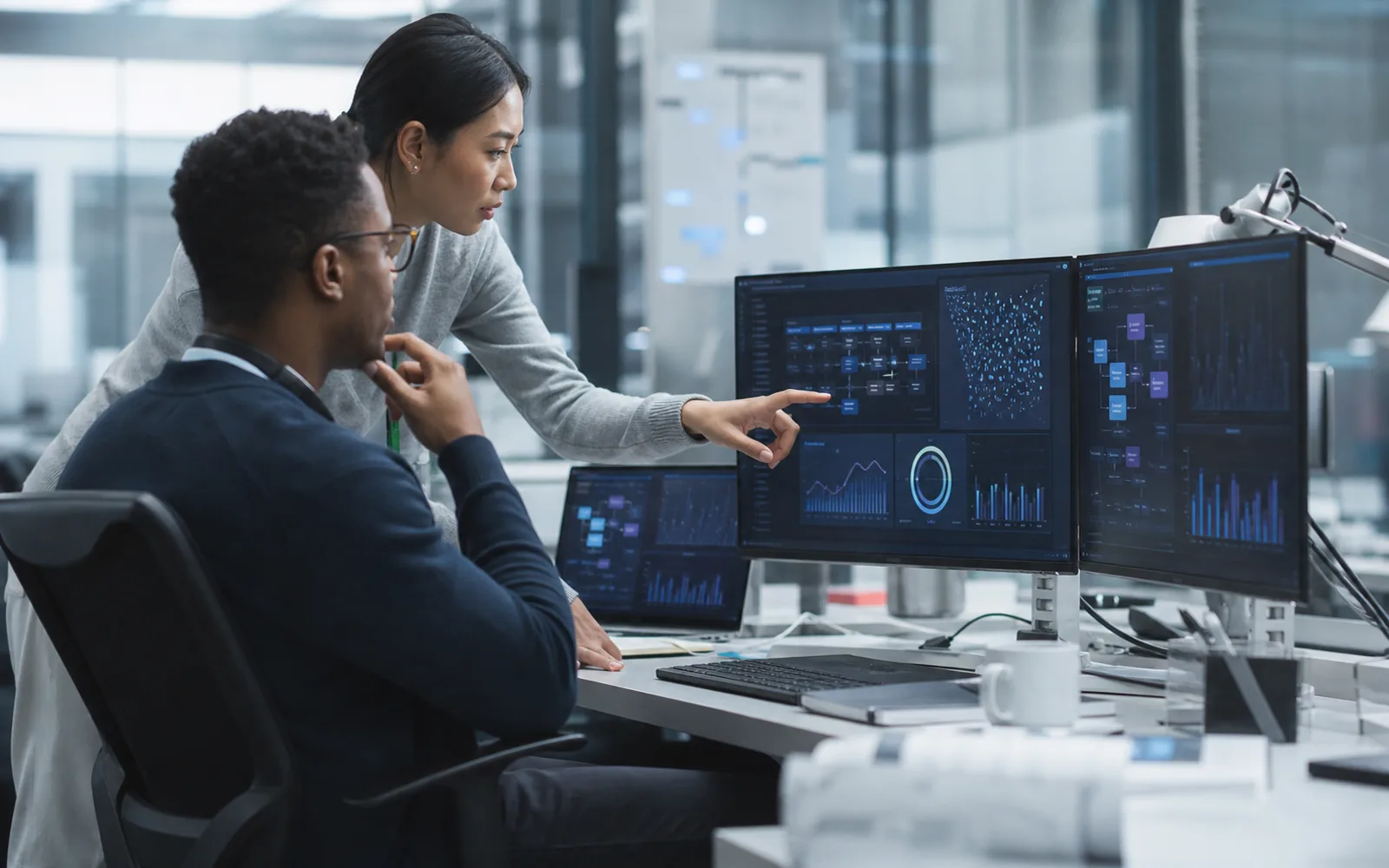 AI product engineers reviewing production analytics and workflow systems