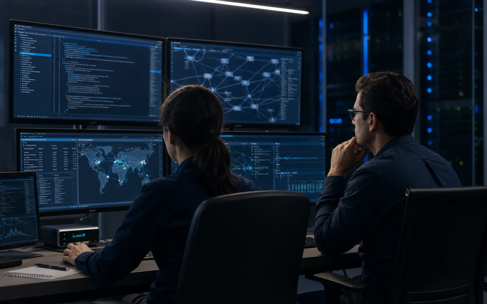 Blockchain engineers reviewing network activity in a secure operations workspace