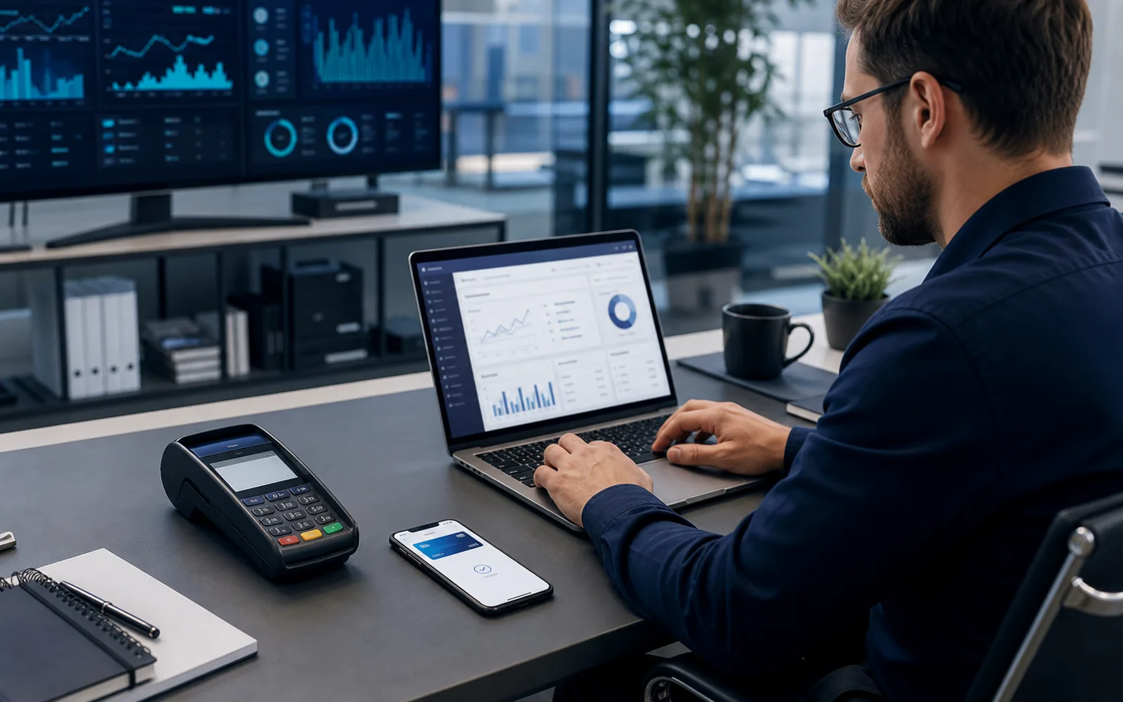 Fintech operator working with payment devices and transaction dashboards