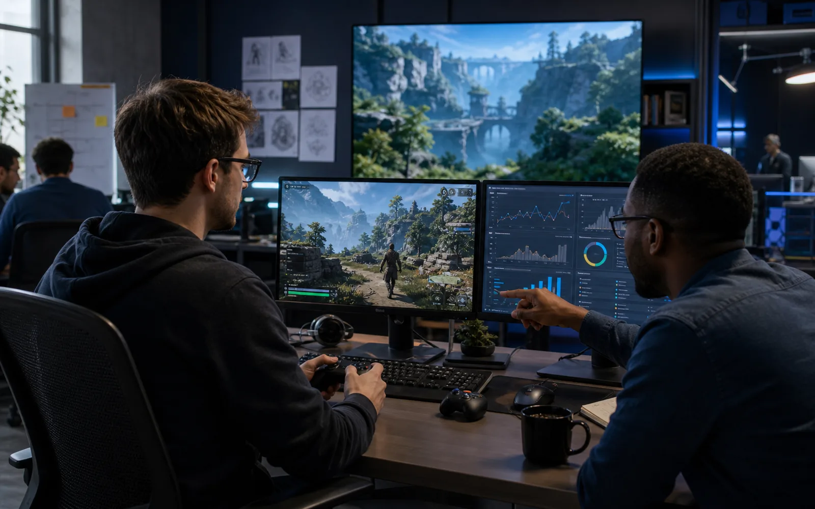 Game developers testing a playable build and reviewing live operations