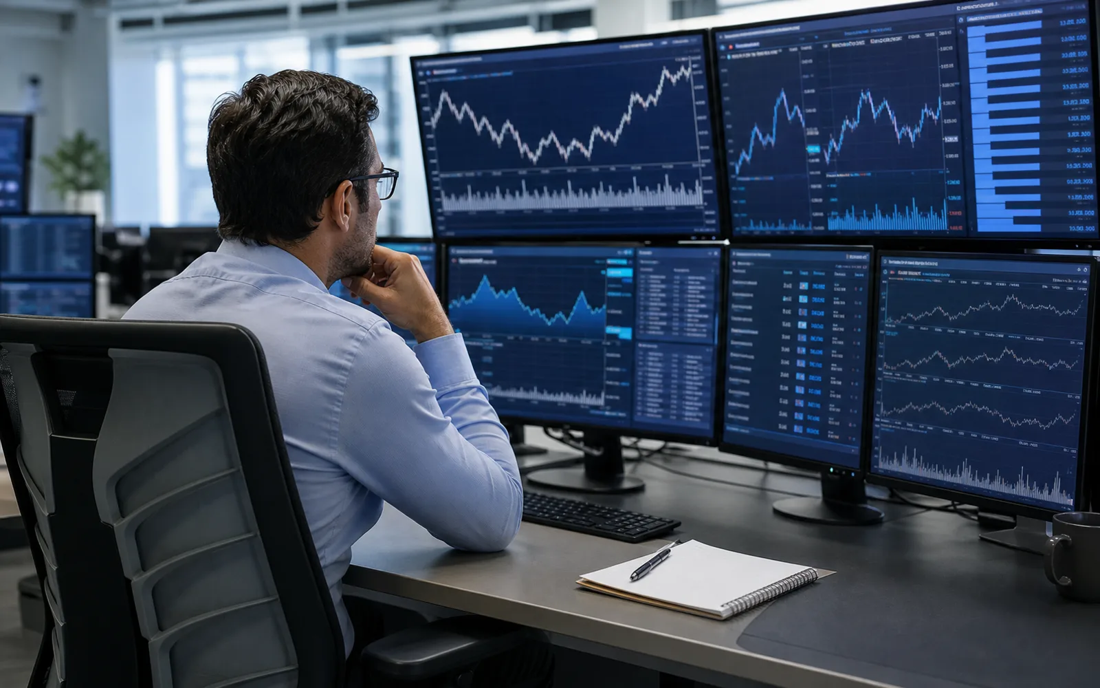 Analyst reviewing market intelligence and trading dashboards