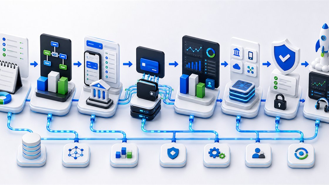 Fintech development workflow from planning and account flows through integrations security review launch and support