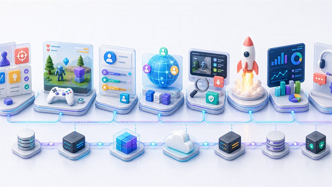Game product delivery workflow from planning and gameplay prototype through accounts multiplayer testing launch operations and support