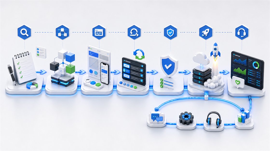Delivery workflow from discovery and architecture through launch monitoring and support